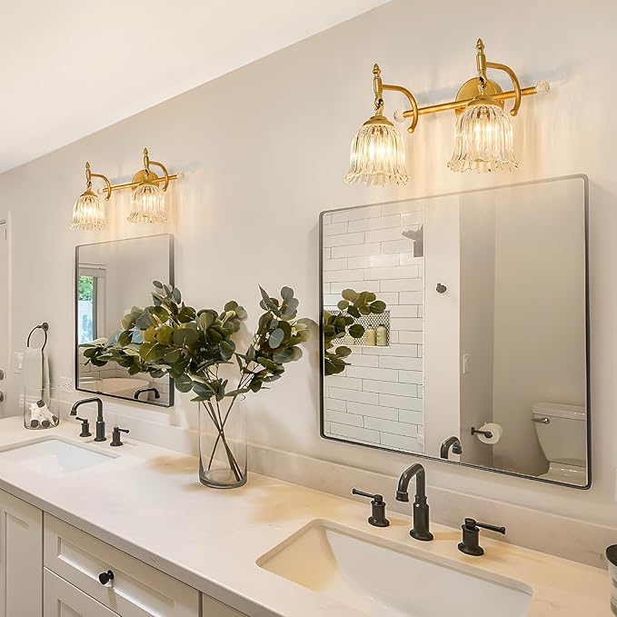 CVKASH 2-Light Bathroom Vanity Light Fixtures Over Mirror,Brushed Gold Modern Vanity Light with Glass Shade Vintage Wall Sconce for Bedroom Dressing Room Living Room Hallway Cabinet
