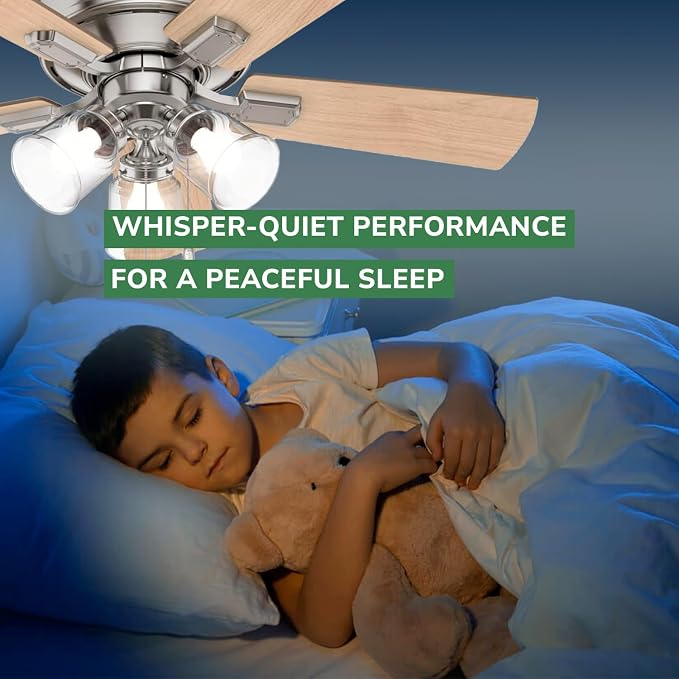 Hunter Crestfield, Indoor, Ceiling Fan, Quiet, 42 inch, Brushed Nickel | with LED Lights and Pull Chain, Low Profile Flush Mount, 5 Blades, For Bedroom, Living Room, Kitchen, 52154