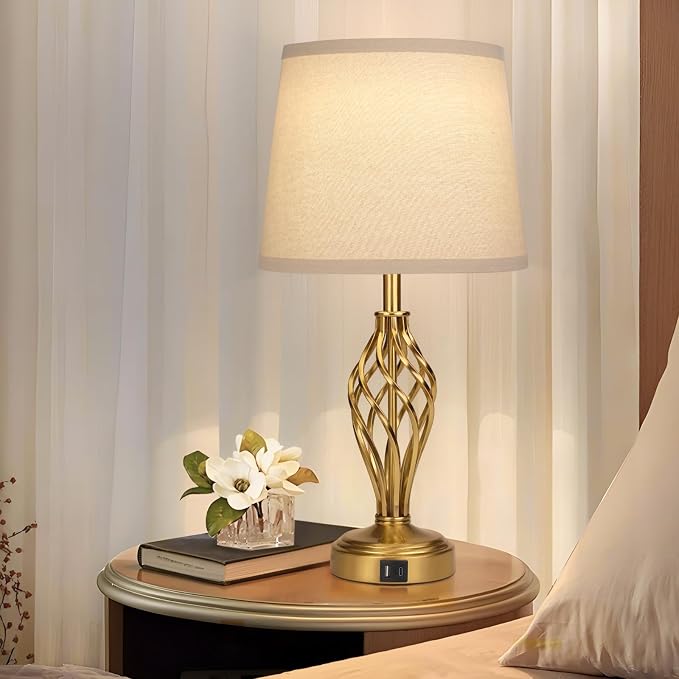 Ruiever Touch Table Lamps Set of 2, nightstand lamp with USB Ports Bedside 3 Way Touch dimmer Desk lamp for Living Room Bedroom,Gold Plated Spiral cage Base Design Warm White dimmer Bulbs Included.