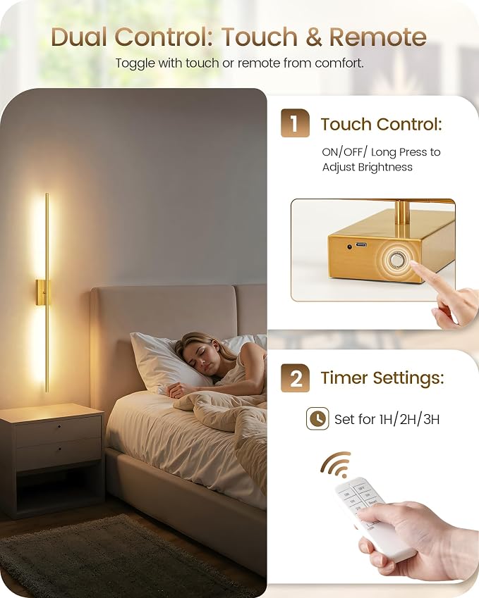 39.4" Wireless Battery Operated Wall Sconces Set of 2, Modern Rechargeable Lamp with Remote, 360° Rotation, 10000mAh, Touch Dimmable Lights for Bedroom, Living Room, Hallway, Gold D07YBP205