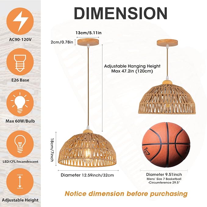 Boho Pendant Light Fixture Kitchen Chandelier Rattan Hanging Light Flush Mount Ceiling Light Boho Lamp Shade Wooden Base Bohemian Chandeliers for Hallway Bedroom Chandelier Dinning Light Fixture