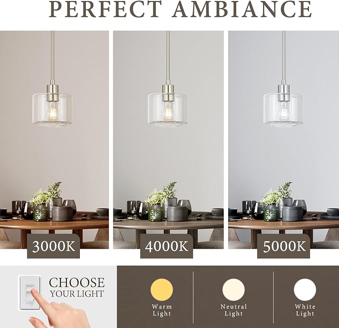Brushed Nickel Pendant Lights Kitchen Island, 1-Light Modern Clear Glass Hanging Light Fixtures with Rods, Mini Kitchen Pendant Lighting Over Island for Sink Bathroom, OS-YQ8153-1PBNC