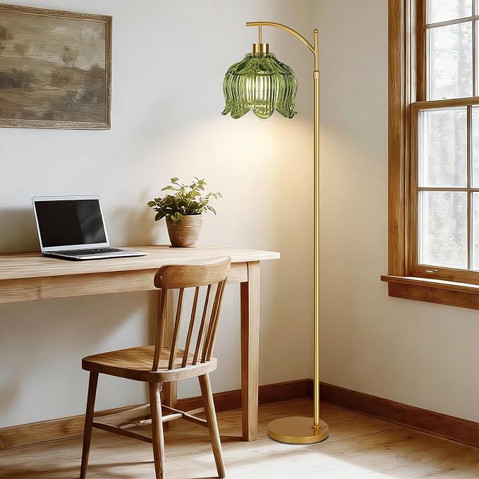QIYIZM Green Floor Lamp for Living Room,Bedroom,Gold Dimmable Standing Lamp with Remote,Mid Century Modern Brass Tall Lamp Boho Floor Lamps Arc Vintage Glass Flower Floor Light Lamp Girls Bohemian