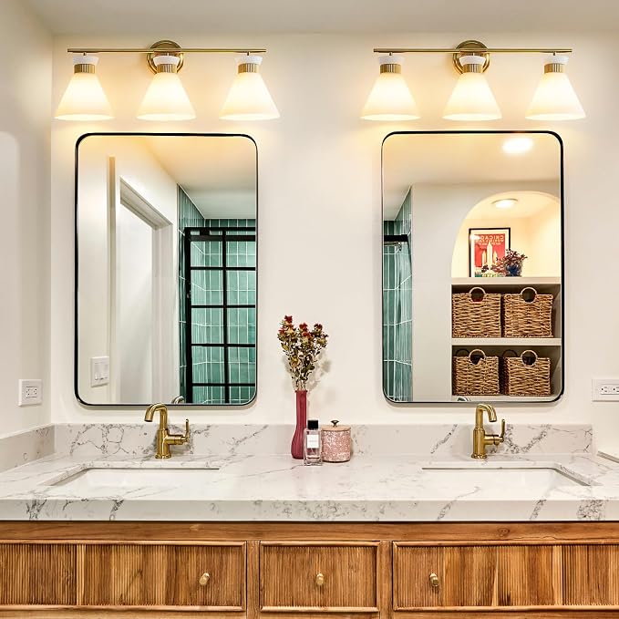 WOSHITU Bathroom Vanity Light Fixtures: 3-Lights Mid Century Modern Vanity Lights for Bathroom Over Mirror, Brushed Gold Wall Sconce Lighting with Frosted Milky Glass Shade for Bath Living Room