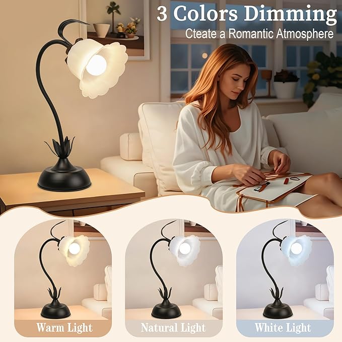 Vintage Flower Table Lamp, 3 Color Temperature Flexible Gooseneck Cute Small Desk Lamp for Bedroom, Kawaii Nightstand Bedside Lamps for Living Room, Dorm, Office, Home Decor (Black)