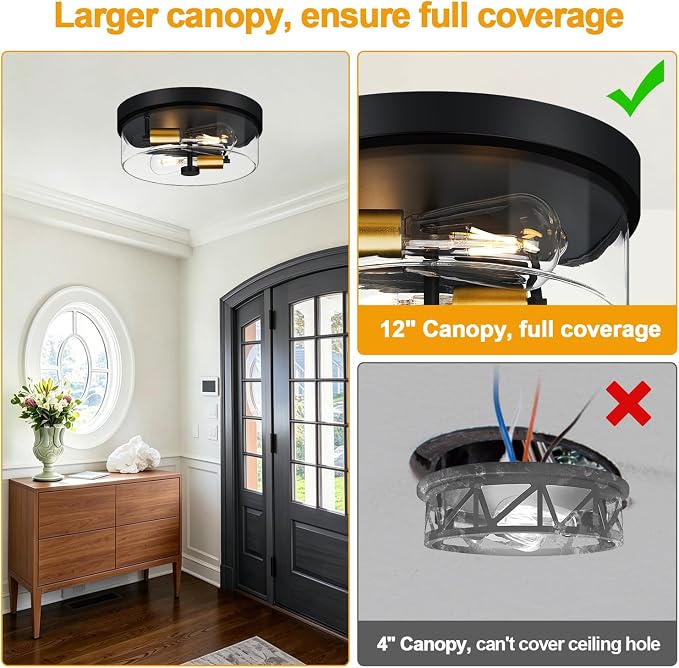 szzgco Flush Mount Ceiling Light Fixtures, 2-Light Black and Gold Ceiling Mount for Farmhouse with Clear Glass Lampshade, Industrial Flush Mount Light Fixture for Hallway, Kitchen, Entryway and Foyer
