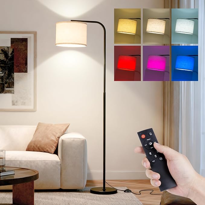 Arc RGB Floor Lamp with Remote and Dimmable Black lamps for Living Room | Modern Tall Standing Lamp for Bedroom Corner and Office wiht Adjustable Hanging Drum Shade Over Couch Arched Reading Light