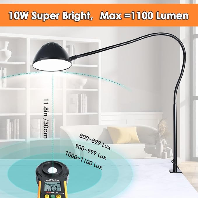 Long Gooseneck Clamp Lamp, Clip Desk Lamp with Clamp, 10W, 1100 LMS, 3 Color Modes, 10 Brightness Levels, 31 Inches Long Flaxible Gooseneck, Perfect for Craft, Reading, Home, Office