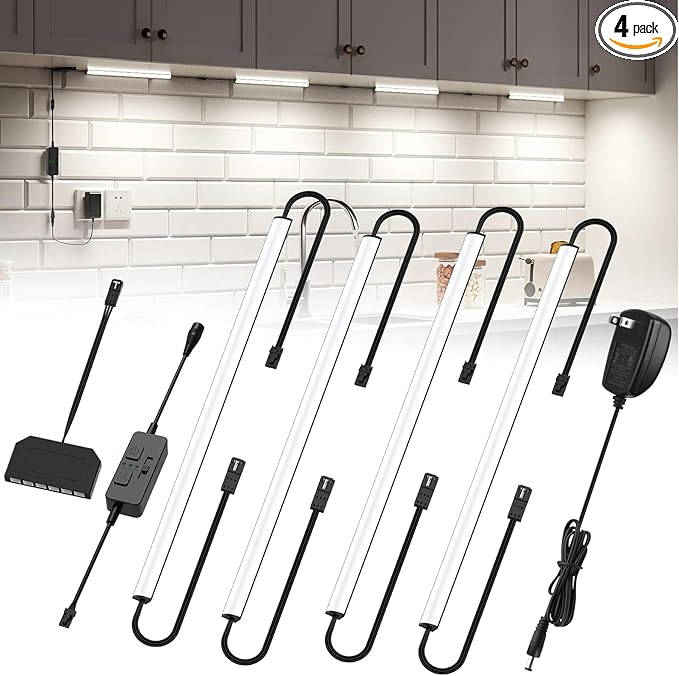AIBOO Under Cabinet Lighting, Timer & CCT 2700-6000K with Slider Dimmer, Plug-in 12Inch 12W Lights for Curio Cabinet, Kitchen, Bookshelf (4 Bars Kit)