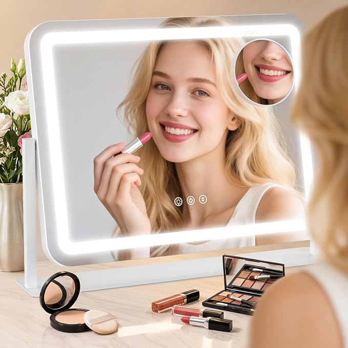 Vanity Mirror with Lights 22"x17", Lighted Makeup Mirror with 10X Magnification 4.5", 3 Color Dimmble Lights, Touch Control, 360° Rotation, Metal Frame, Women's Gift, For Bedroom/Dressing Room, White