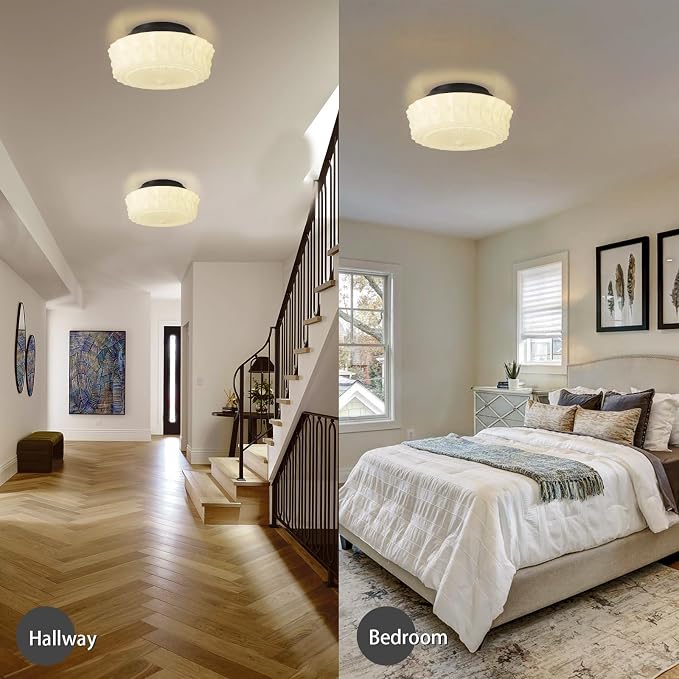 White Milk Glass Ceiling Light Fixture, 13.8'' Flush Mount Lighting for Bedroom, Hallway, Kitchen & Dining Room, Vintage Mid Century Design, 4 LED Bulbs Included, Ideal for Modern Farmhouse