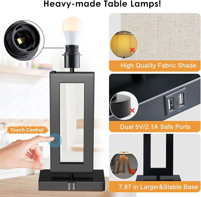 MoMyofdy Tall Table Lamps for Living Room Set of 2, Modern Bedside Lamps w. 2 USB Ports, 3-Way Dimmable Touch Control Nightstand Lamp Set w. Fabric Cream Shade for Bedroom End Table, 22 in