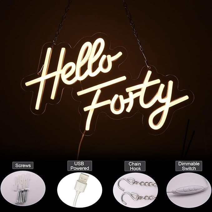Hello Forty Neon Sign 40th Birthday Decorations for Women Happy Birthday Neon Sign 40th Gifts Wall Decor Happy Birthday Light Up Sign