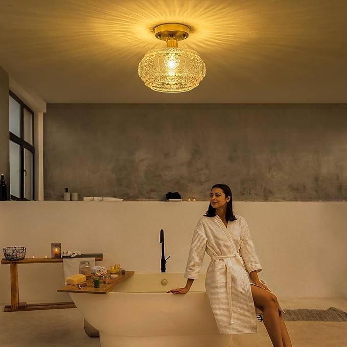 Semi Flush Mount Ceiling Light Fixture - Brass & Floral Glass Shade, Vintage Modern Lighting for Entryway, Bathroom, Kitchen, Bedroom (Bulb Not Included)