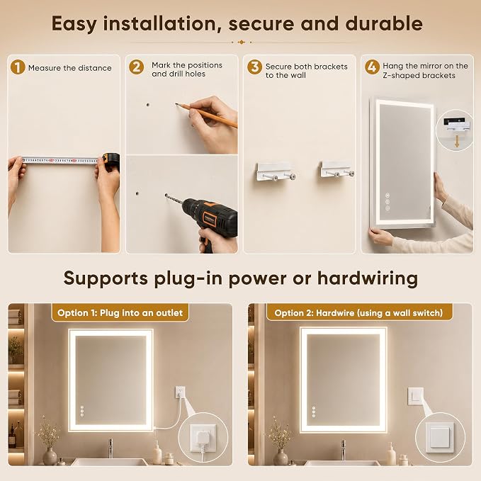 Antok 30x40 LED Bathroom Mirror with Lights, Backlit + Front Lit Vanity Mirror with CRI>90, Dimmable Anti-Fog Smart Mirror with Memory Function, 3 Color Temperatures, Shatterproof Tempered Glass, ETL