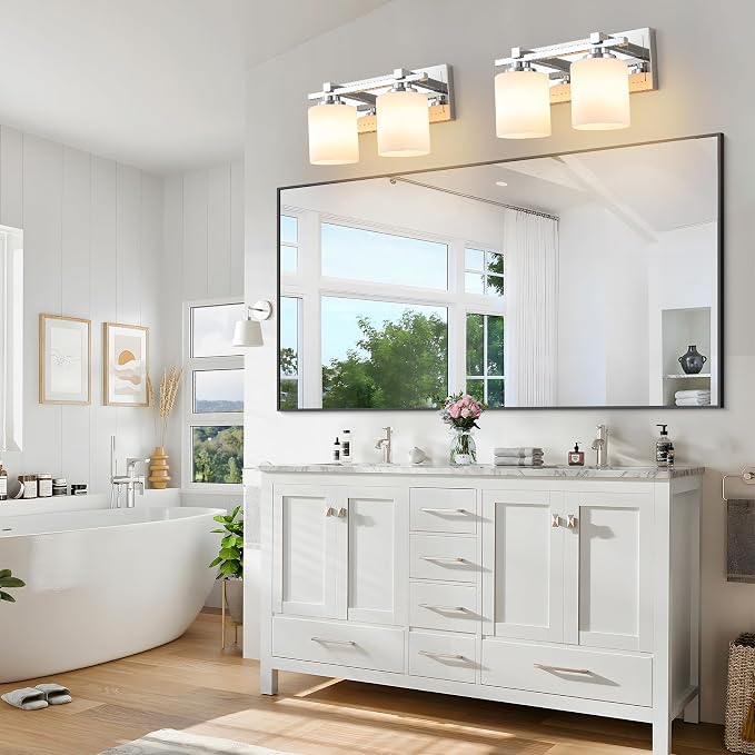 Modern Bathroom Light Fixtures Over Mirror, Vanity Lights for Bathroom Wall Sconces with Milky White Glass Shades, E26 Socket (Bulbs Not Included), 2 Light, Chrome