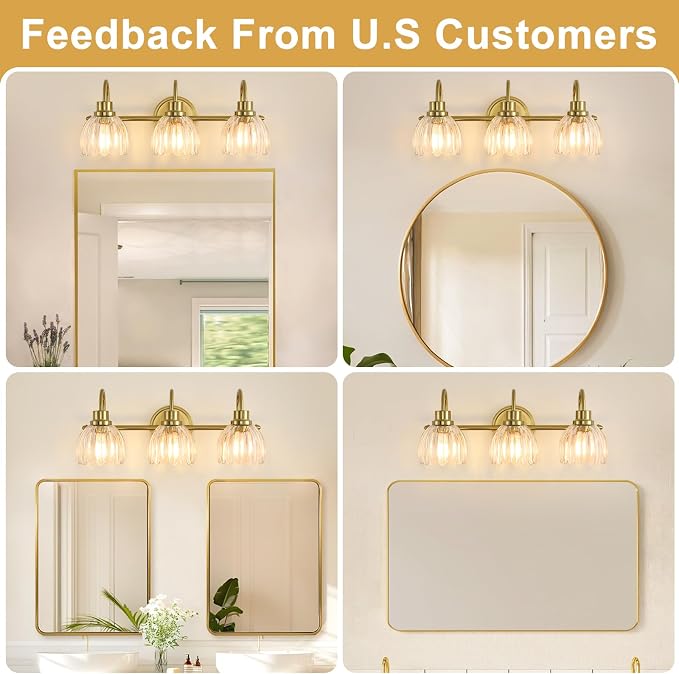 Bathroom Light Fixtures (3-Light, 20 Inch), Brushed Gold Vanity Lights for Bathroom with Ribbed Clear Tulip Glass Shade, Vintage Vanity Wall Lights for Mirror Bedroom Living Room Hallway