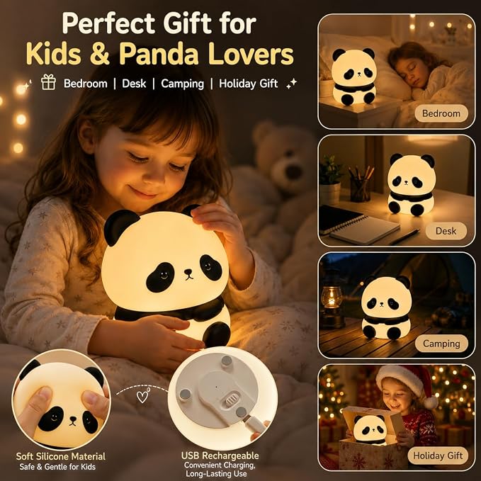 Cute Panda Night Light for Kids, 7-Color Changing Silicone Squishy Lamp, Tap Control USB Rechargeable Portable Night Light for Baby Nursery, Bedroom Desk Decor, Birthday Christmas Gift
