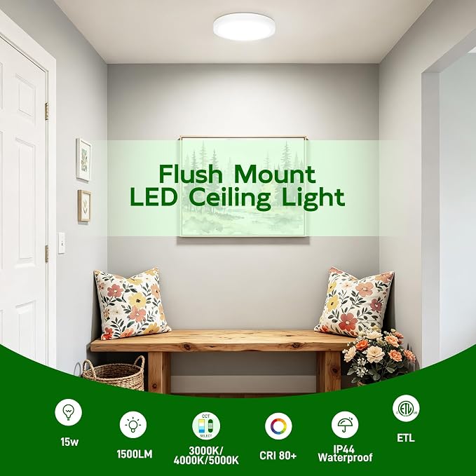 hykolity 7Inch Selectable CCT LED Flush Mount Ceiling Light,1500LM,2 Pack | 15W 3000K/4000K/5000K, Edge-Lit Flush Mount Ceiling Light Fixture for Kitchen, Bedroom, Laundry and Closet Room,White