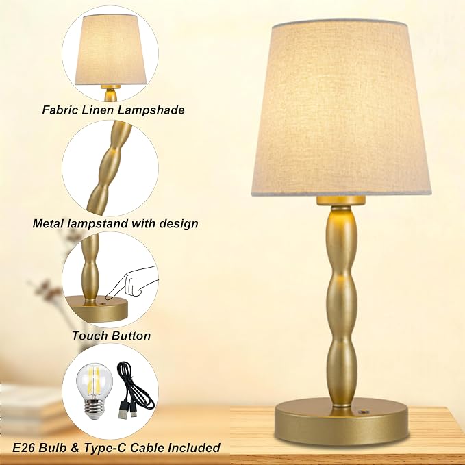 Rechargeable Cordless Table Lamp, 5000mAh Battery Powered Touch Desk Lamp, 3-Level & Stepless Dimmable Night Light, Portable Bedside Lamp for Bedroom, Outdoor, Bulb Included, Gold