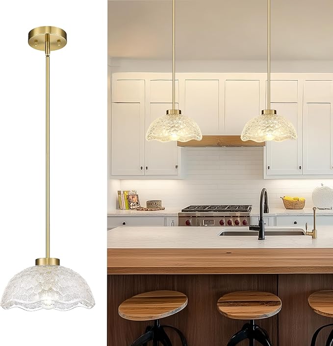 zeyu 10.4 Inch Vintage Single Pendant Light Fixture, Gold Vintage Hanging Lamp, Brushed Gold Pendant Light Kitchen Island with Clear Hammered Glass, ZJX116M1L BG