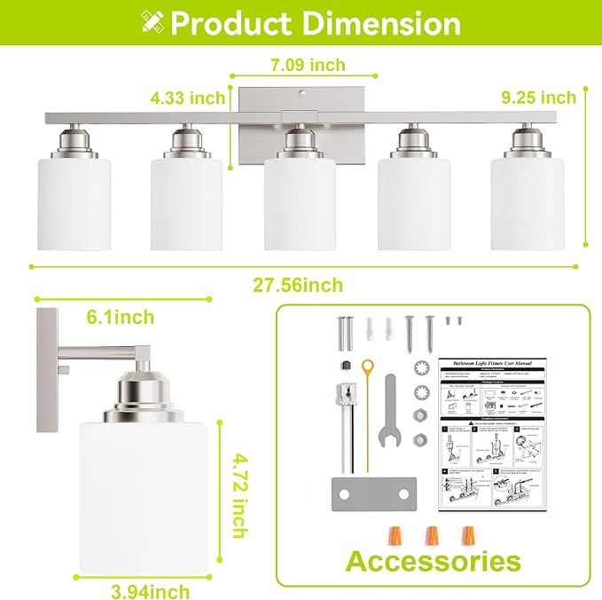 5-Light Bathroom Light Fixture, Brushed Nickel Vanity Lights Over Mirror, Anti-Rust, White Glass Shades, E26 Base, Bulb Not Included
