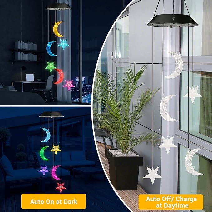 Toodour Solar Wind Chimes, Color Changing Wind Chimes Moon and Star | LED Decorative Mobile, Gift for Mom Grandma, Waterproof Outdoor Moon Star Light for Garden, Patio, Yard, Window Outdoor Decor