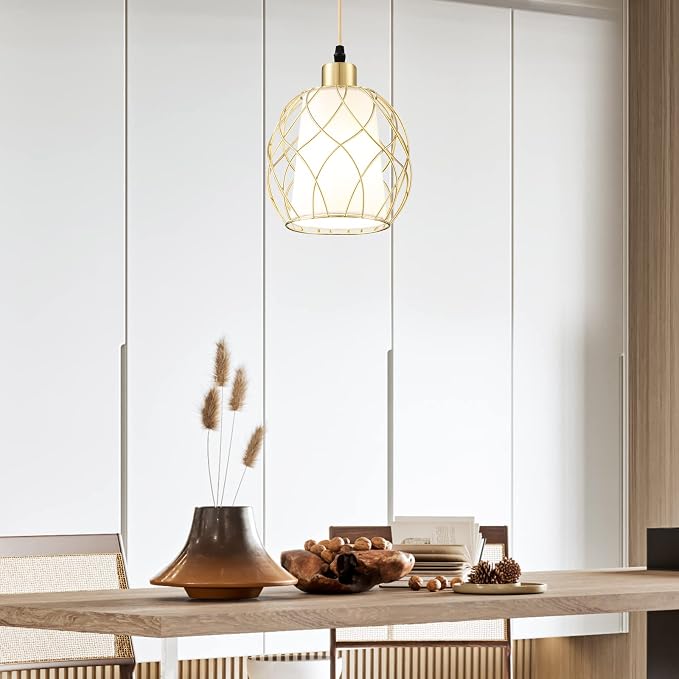 Plug-in Pendant Light, Hanging Lamp with Linen Shade, 15ft Golden Cotton Cord, Plug-in Light Fixture for Bedroom (Bulb Included)