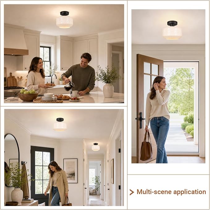 DSMJFU Black Semi Flush Mount Ceiling Light, Vintage Small Ceiling Light Fixture, Thickened White Glass Hallway Lighting Fixture, Kitchen Ceiling Mount Light for Entry Way, Bedroom, Bathroom