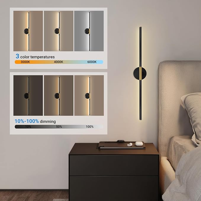Battery Operated Wall Sconces Set of Two, Wireless Wall Sconces 31.5 Inch | Rechargeable, Remote Control, Dimmable, 360°Rotate, Cordless Wall Light Decor for Living Room, Hallway, Timing, Black Gold