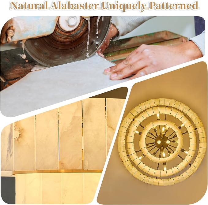 D34.3 Round Alabaster Chandelier, 3-Tier Brass Marble High Ceiling Chandeliers, Modern Dining Room Chandeliers Living Room Light for Entryways, Foyer, Stair, Kitchen Black(Include Bulbs)