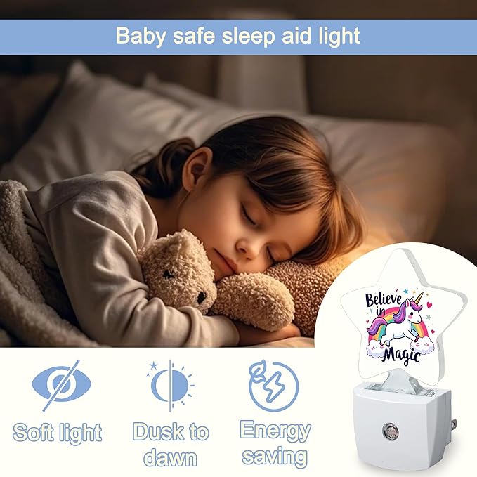 Unicorn Rainbow Dusk to Dawn Star Night Light,Believe in Magic Smart Sensor Nightlight for Bedroom Kitchen Hallway Stairs,Plug-in Energy Efficient Decor Desk Lamp Women Men Gifts