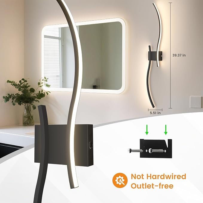VOLISUN Battery Operated Wall Sconces Set of Two, 39.4 inch Wireless Wall Sconces, 3000K-6500K Dimmable Wall Lamps with Remote, Rechargeable Black Wall Lights for Living Room, Hallway, Bedroom