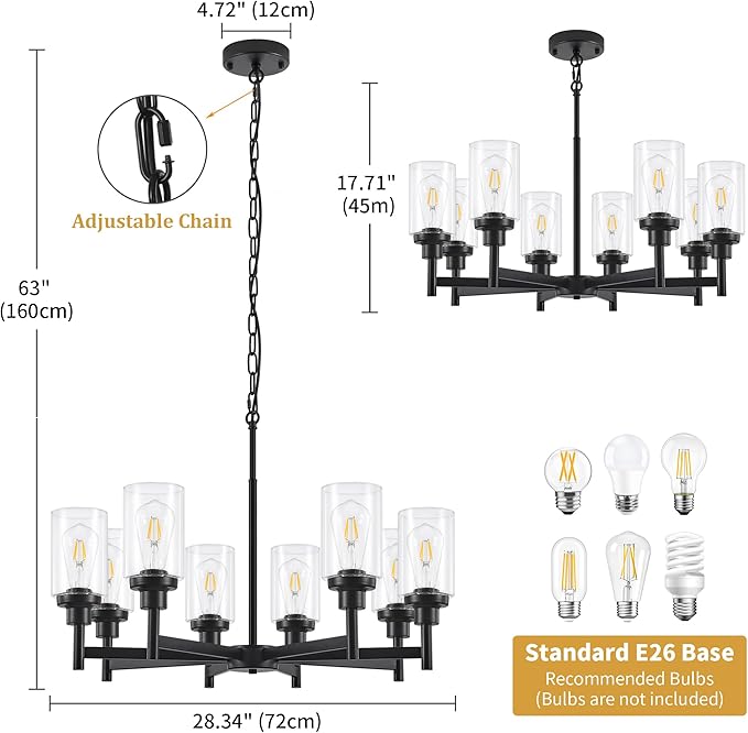 28.34'' Large Chandelier Dining Room Light Fixtures, 8-Light Modern Black Chandeliers Over Table, Living Room Lights Farmhouse Chandelier for Entryway Foyer Bedroom