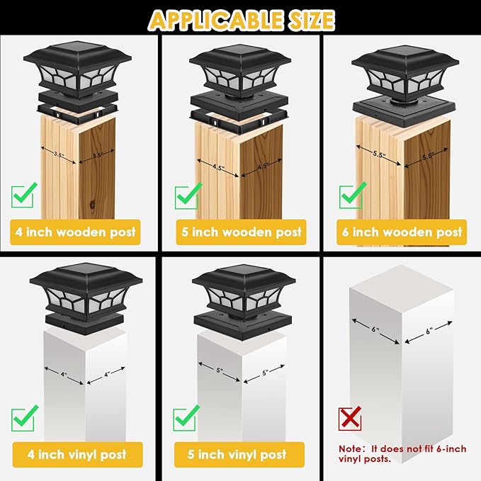 8 Pack Solar Post Cap Lights Outdoor Flickering Flame & Warm White, Fits 4x4 5x5 6x6 Wooden or Vinyl Posts, Waterproof Solar Fence Deck Lights for Yard Garden Patio Decoration.