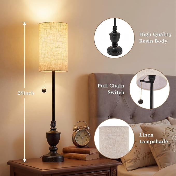Buffet Table Lamps Set of 2 - 28" Tall Skinny Black Resin Table Lamp for Living Room - Traditional Rustic Candlestick Lamp with Pull Chain for Console Table,Dining Sideboard,Entryway,Hallway,Bedroom