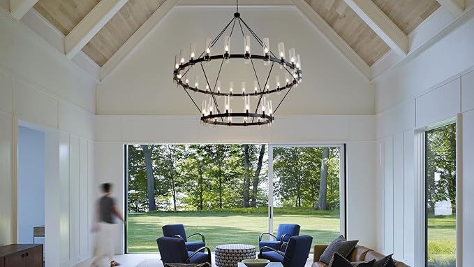 70 Inch Black Wagon Wheel Chandelier 2 Tier with Glass Shade, 36 Lights, Modern Farmhouse Style, Ideal for Dining Room, Kitchen, Entryways
