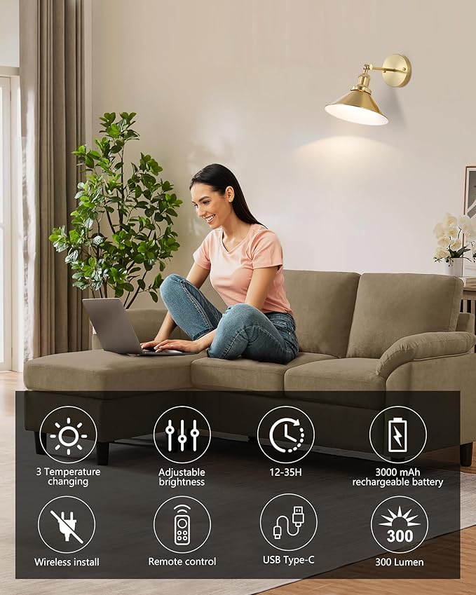 Gold Vintage Wireless Battery Operated Wall Sconces, Rechargeable Cordless Battery Powered Led Wall Lights Set of 2, Wall Lamp Fixture Indoor with Remote Control for Bedroom Farmhouse Gallery