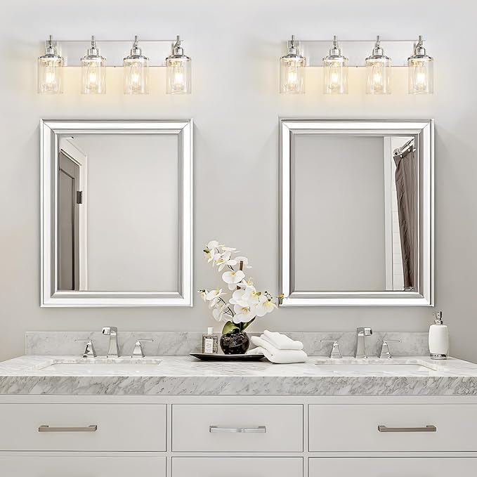 4-Light Brushed Nickel Bathroom Light Fixture Over Mirror Modern Bathroom Vanity Light Vintage Wall Lighting with Clear Glass Shade for Bathroom, Bedroom, Hallway, Cabinet