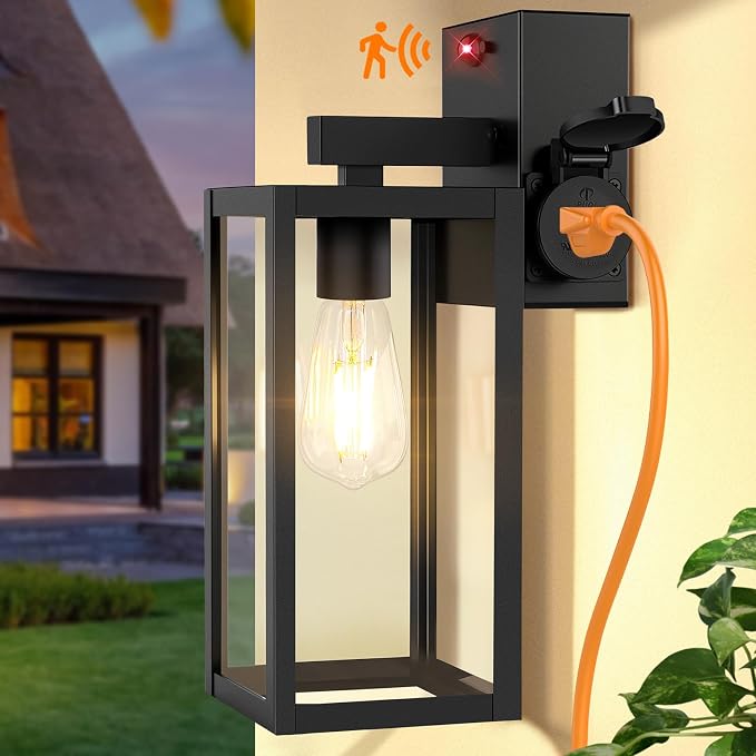 Upgraded Motion Sensor Outdoor Wall Light with Outlet, Black | UL-listed Extra Power Socket, Auto ON/OFF, 3 Lighting Modes, Waterproof, Rust-Resistant, Durable Metal & Clear Glass