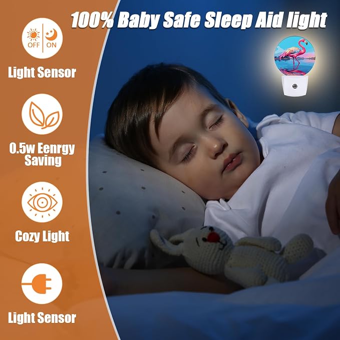 Tropical Flamingo Night Light,Lake Sunset Jungle Nightlight Plug into Wall LED Lamp Auto Sensor Dusk to Dawn for Bedrooms/Kitchens/Toilets/Corridors,Energy-Saving