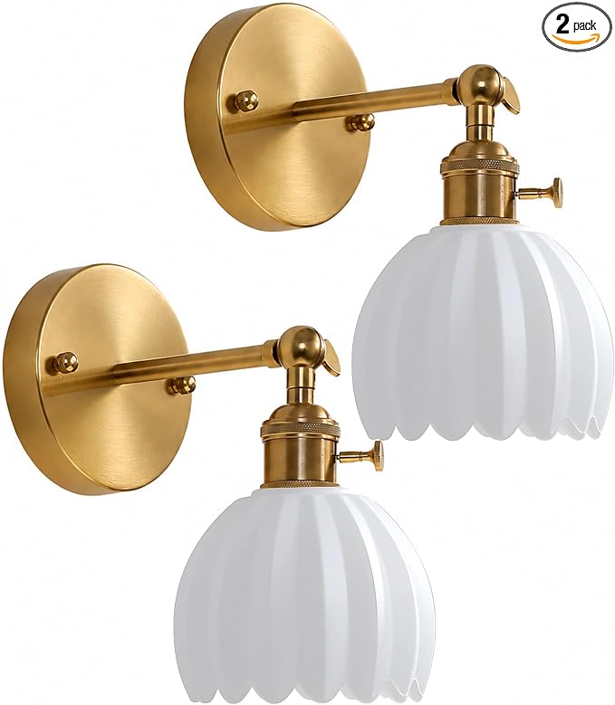 1-Light Gold Brass Bathroom Light Fixture,Wall Sconces set of 2,Brushed Gold Vanlity Light Over Mirror,Bathroom Vanity Light with White Tulip Glass Flower Shade,E26 Socket(Bulbs Not Included)