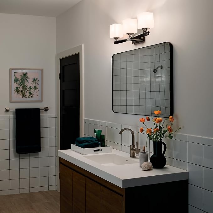 Kichler Marette 3-Light Bathroom Vanity Light, Black | Modern transitional vanity light with satin etched cased opal glass (22.75" x 8"), 55002BK