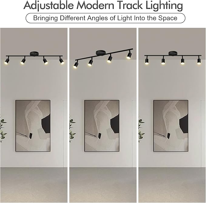 4 Light Track Lighting Fixtures Ceiling, 16W/2700K Black Track Lighting with Acrylic Lampshade & Rotatable Light Heads, 20000hrs Lifespan, Modern LED Track Lights Ceiling for Kitchen/Hallyway
