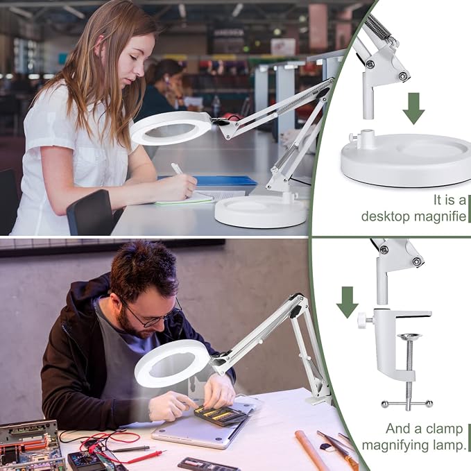 12X Magnifying Glass with Light and Stand, Upgrade Button 5 Color Modes Stepless Dimmable, 2-in-1 LED Lighted Magnifier Light, Hands Free Desk Lamp with Clamp for Craft Hobby Close Work - White
