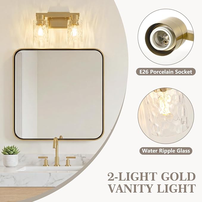 2-Light Bathroom Light Fixtures with Water Ripple Glass, Gold | Vanity Lights, Modern Wall Sconces, Over Mirror for Bathroom, Powder Room, Living Room