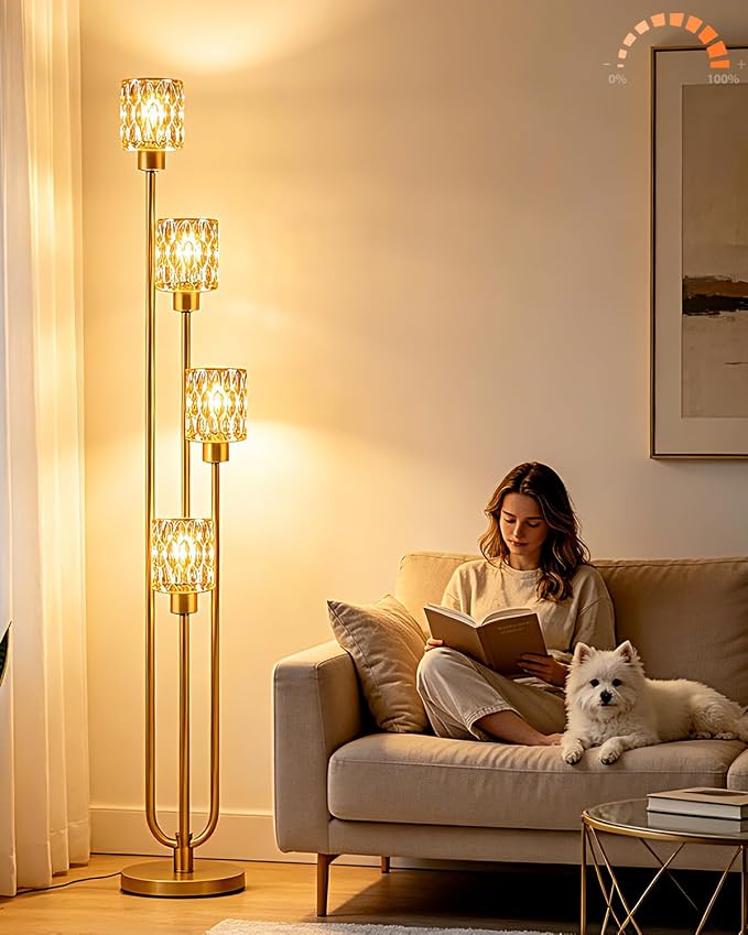 Vintage 4-Light Amber Glass Floor Lamp, Dimmable Gold Standing Tall Lamp for Reading, Mid Century Modern Floor Lamp for Living Room Bedroom Home Office Corner Decor, Bulb Included