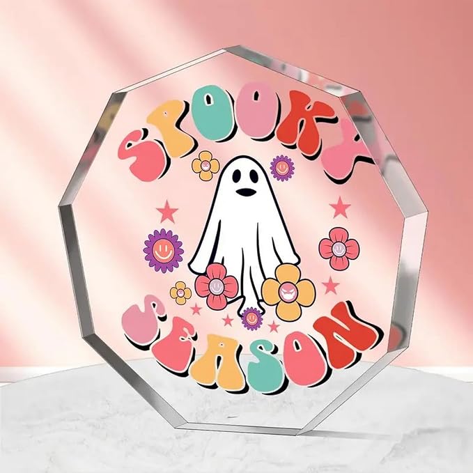 Cute Halloween Ornaments Clear Acrylic Enneagon Shaped Desk Sign Little Ghost & Flower Theme Plaque Happy Halloween Decorations for Holiday Party Home, Desktop Ornament Gifts