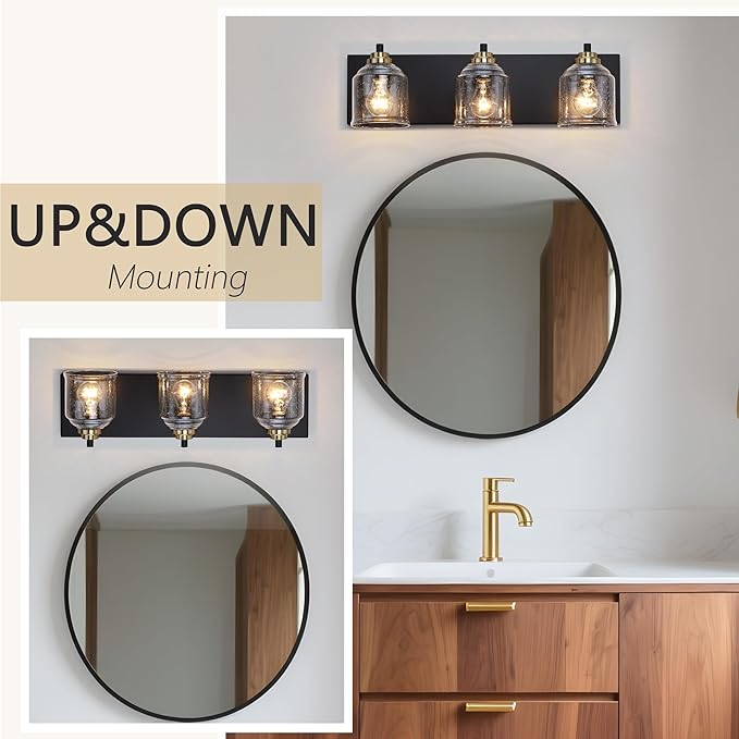 Vanity Lights for Bathroom Large 23", Farmhouse Rustic Vanity Light with Bubble Glass Shades, Black and Gold 3 Light Bathroom Lighting Fixtures Over Mirror, Bath Wall Sconce Home Decor