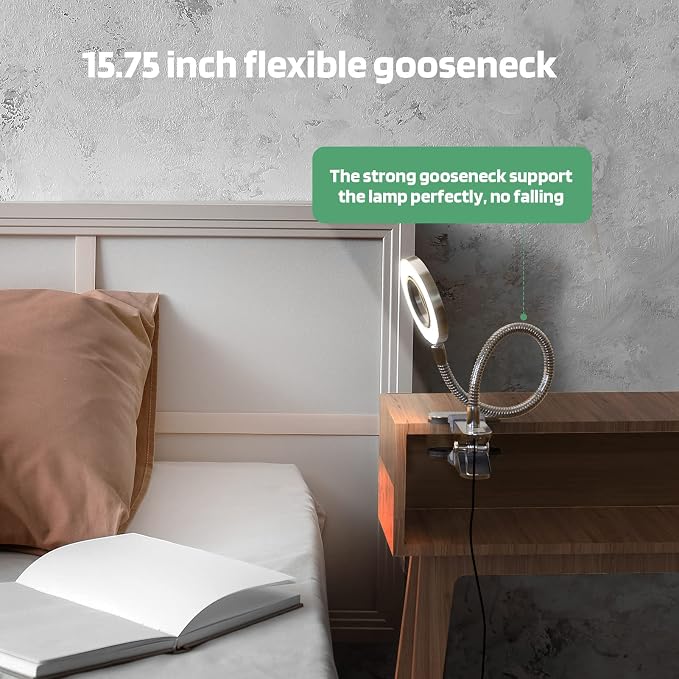 Glorious-LITE Clip on Light 36 LED Eye Caring Reading Light for Bed Silver | 360° Flexible Gooseneck, With 4 Color Modes, Dimmable Book Light for Bed, Desk, Headboard, USB Powered, With 59inch USB Wires